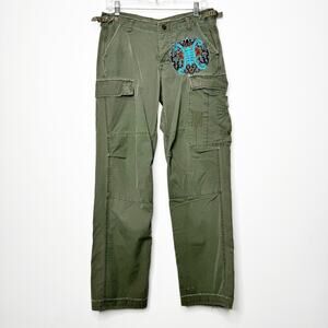 DA-NANG Cargo Dragon Floral Embroidered Pants Green Y2K Low Rise Small